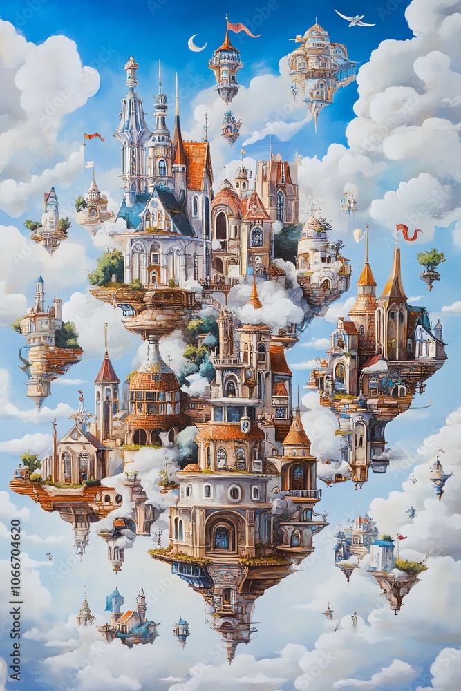 Obraz premium Whimsical cityscape filled with floating islands, vibrant street art, and magical creatures, surreal colors and playful architecture