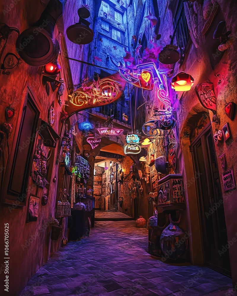 Obraz premium Wide-angle view, mythical creatures exploring forgotten urban alleys, drenched in surreal neon lights, enchanting atmosphere