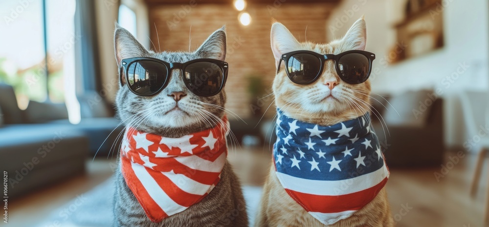 Embraced by an American flag scarf and cool sunglasses, these cats exude patriotic flair Embraced by an American flag scarf and cool sunglasses, these cats exude patriotic flair