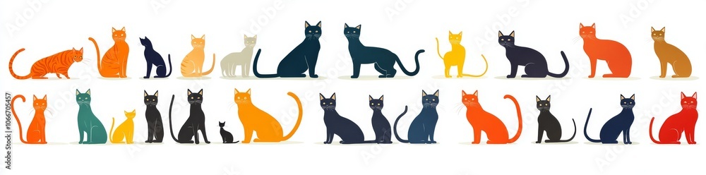 Fototapeta premium Cat Breeds Icons Set, modern cartoon illustration with various cats including the siamese, persian, maine coon, abyssinian, ragdoll, Bengal, sphynx, russian blue, munchkin, domestic shorthair, and