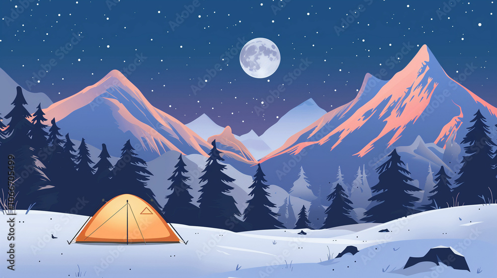 Fototapeta premium A single tent under a full moon in a snowy mountain valley