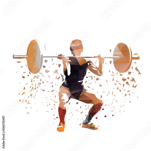 Gym, woman doing squats with a large barbell. Workout in gym. Weight ligting, abstract low poly isolated vector illustration