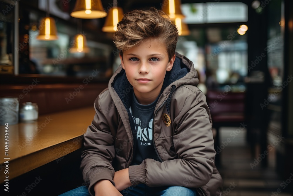 Portrait of a young boy in a jacket sitting in a cafe. Portrait of a young boy in a jacket sitting in a cafe.