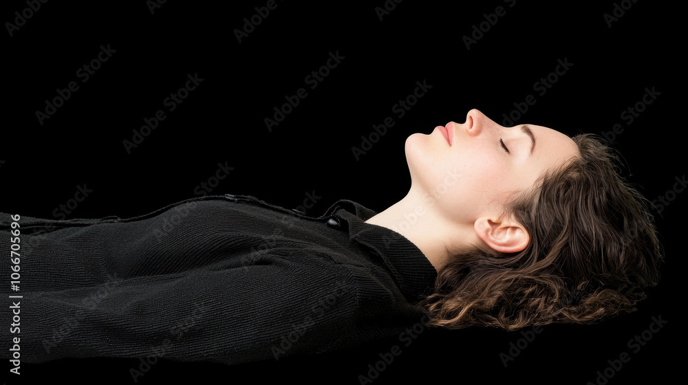 A serene profile of a woman lying down against a black backdrop, exuding calmness and introspection. A serene profile of a woman lying down against a black backdrop, exuding calmness and introspection.