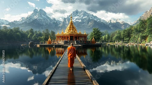 Monk Walking Towards a Golden Temple in the Mountains
