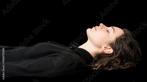 A serene profile of a woman lying down against a black backdrop, exuding calmness and introspection.