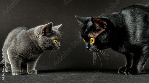 Face-to-face with two black cats with yellow eyes in front of a dark background