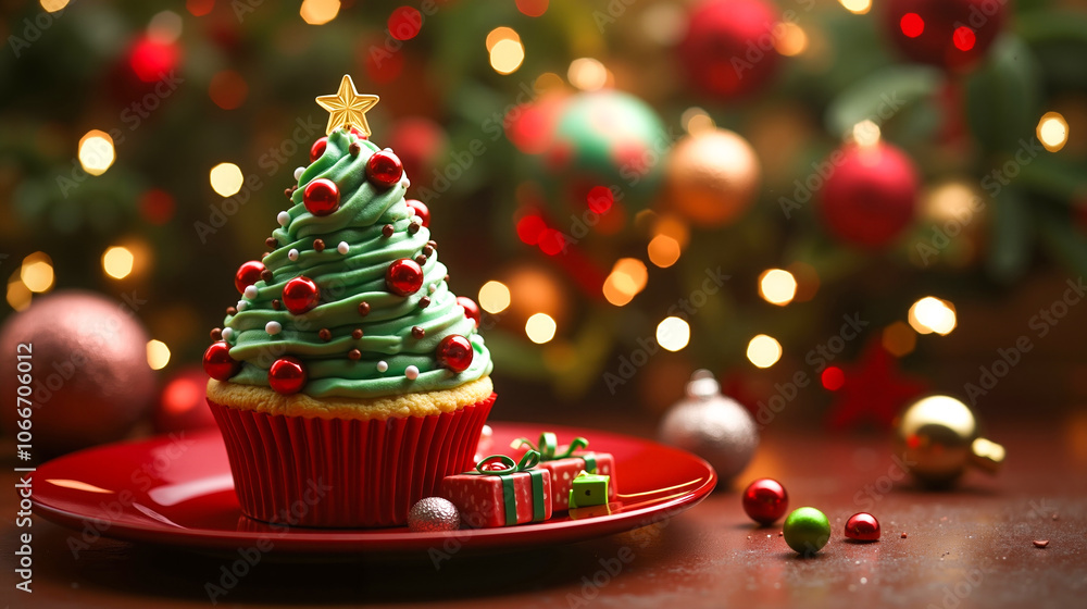 A cupcake decorated like a christmas tree on a red plate A cupcake decorated like a christmas tree on a red plate