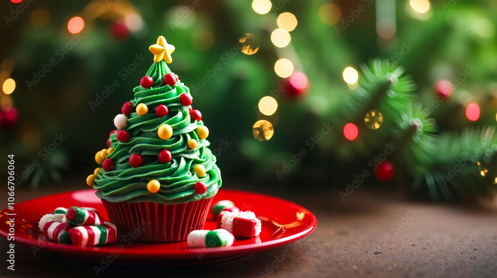 A cupcake decorated like a christmas tree on a red plate A cupcake decorated like a christmas tree on a red plate