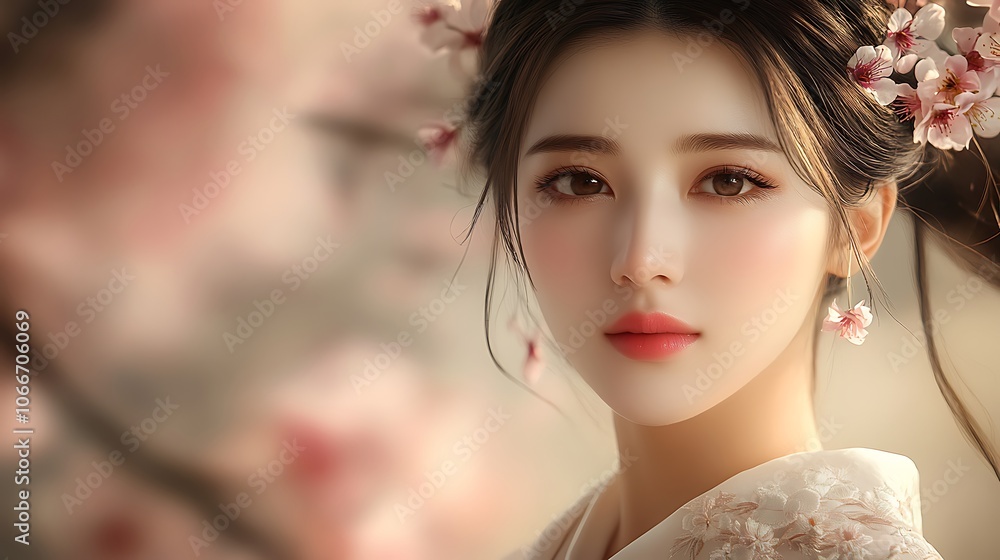 Portrait of a woman in an elegant hanbok, her face softly glowing and eyes gently looking forward. Background subtly featuring blurred cherry blossoms, hd resolution, soft shadows, intricate fabric, Portrait of a woman in an elegant hanbok, her face softly glowing and eyes gently looking forward. Background subtly featuring blurred cherry blossoms, hd resolution, soft shadows, intricate fabric,