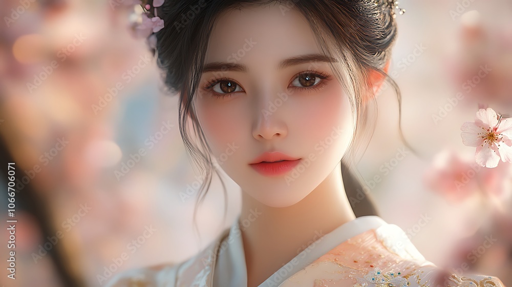 Portrait of a woman in an elegant hanbok, her face softly glowing and eyes gently looking forward. Background subtly featuring blurred cherry blossoms, hd resolution, soft shadows, intricate fabric, Portrait of a woman in an elegant hanbok, her face softly glowing and eyes gently looking forward. Background subtly featuring blurred cherry blossoms, hd resolution, soft shadows, intricate fabric,