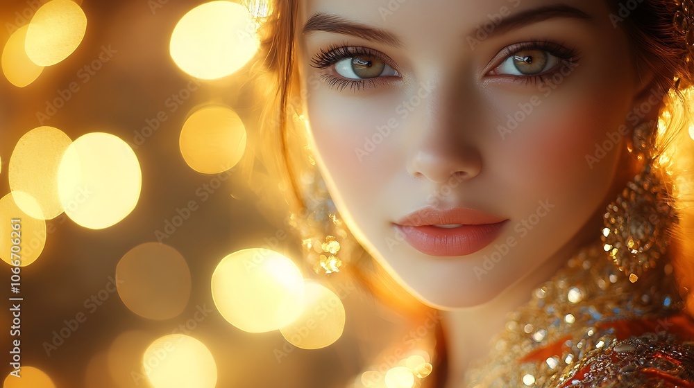 Portrait of a woman in an intricately detailed Thai dress, her face illuminated by soft, golden light, exuding grace and tradition. Background hints at traditional Thai architecture, bokeh effect,
