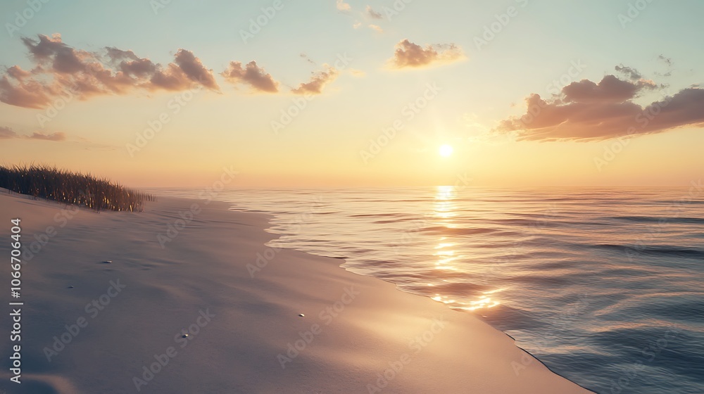 Golden Sunset over Tranquil Ocean and Sandy Shore Golden Sunset over Tranquil Ocean and Sandy Shore