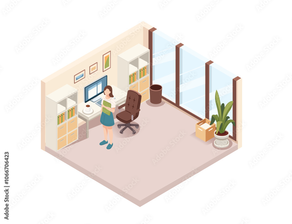 Isometric office interior with a woman working in a modern setup. Productivity, workspace, and business environment. Suitable for corporate and remote work visuals. Vector illustration Isometric office interior with a woman working in a modern setup. Productivity, workspace, and business environment. Suitable for corporate and remote work visuals. Vector illustration