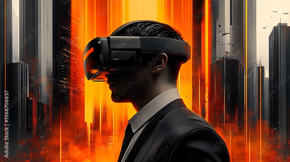 Individual wearing VR headset in formal attire, standing tall with a focused gaze, modern cityscape with vivid neon accents in purple and teal behind, dramatic urban glow, Individual wearing VR headset in formal attire, standing tall with a focused gaze, modern cityscape with vivid neon accents in purple and teal behind, dramatic urban glow,