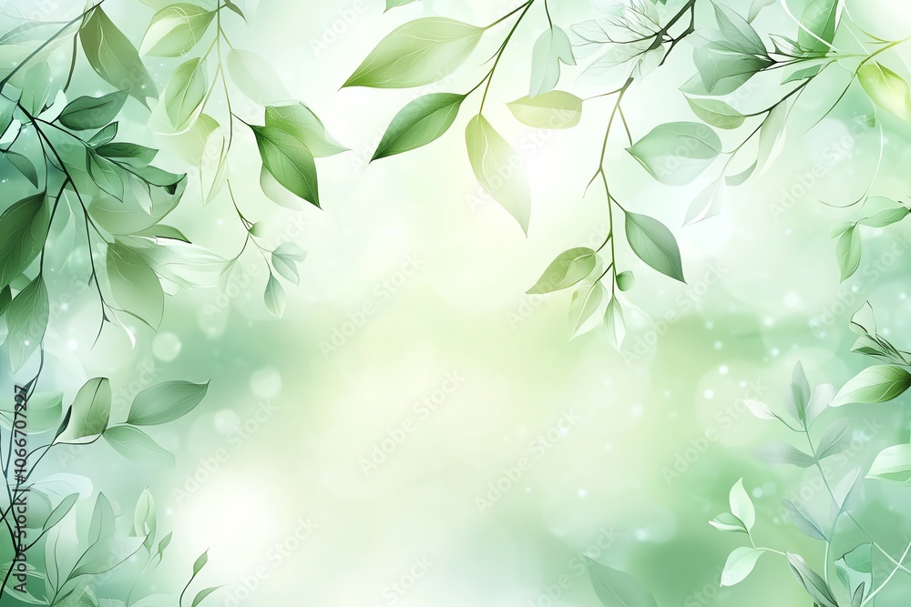 Obraz premium Natural botanical frame design, delicate leaf patterns, soft green tones, organic social template