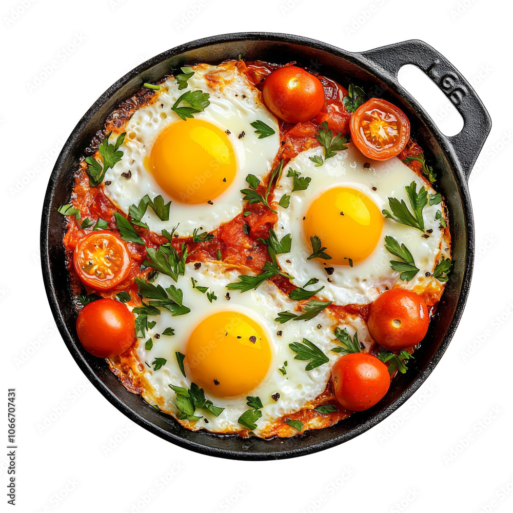 Delicious Shakshuka with Eggs and Tomatoes in Skillet Delicious Shakshuka with Eggs and Tomatoes in Skillet