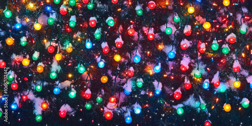 Colorful Christmas lights twinkling against a backdrop of snow, creating a festive and joyful atmosphere