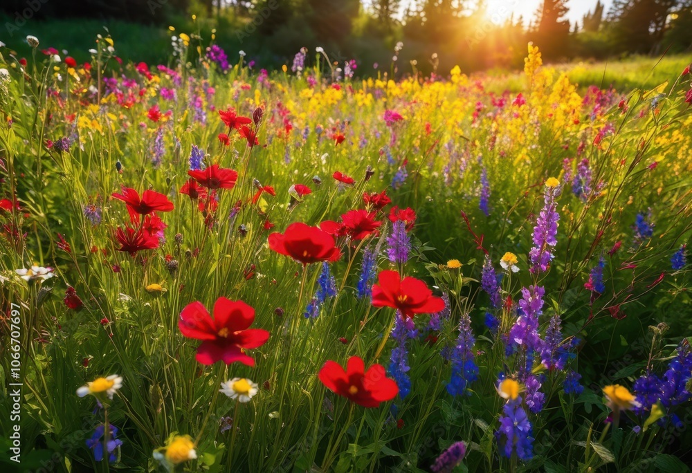 Naklejka premium breathtaking vibrant landscape featuring colorful wildflowers lush foliage under clear blue sky natural beauty, grass, field, vibrance, nature, scenery