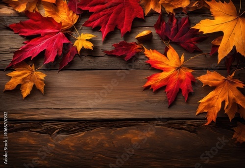 vibrant autumn leaves displayed rustic wooden tabletop surrounded natural ambiance, colorful, foliage, decoration, surface, organic, arrangement, design