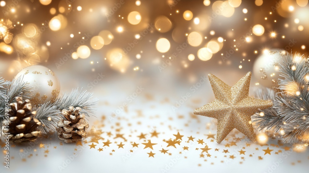 Christmas Background With Golden Baubles, Star, Pine Cones And Twigs Over Glowing Defocused Lights Christmas Background With Golden Baubles, Star, Pine Cones And Twigs Over Glowing Defocused Lights