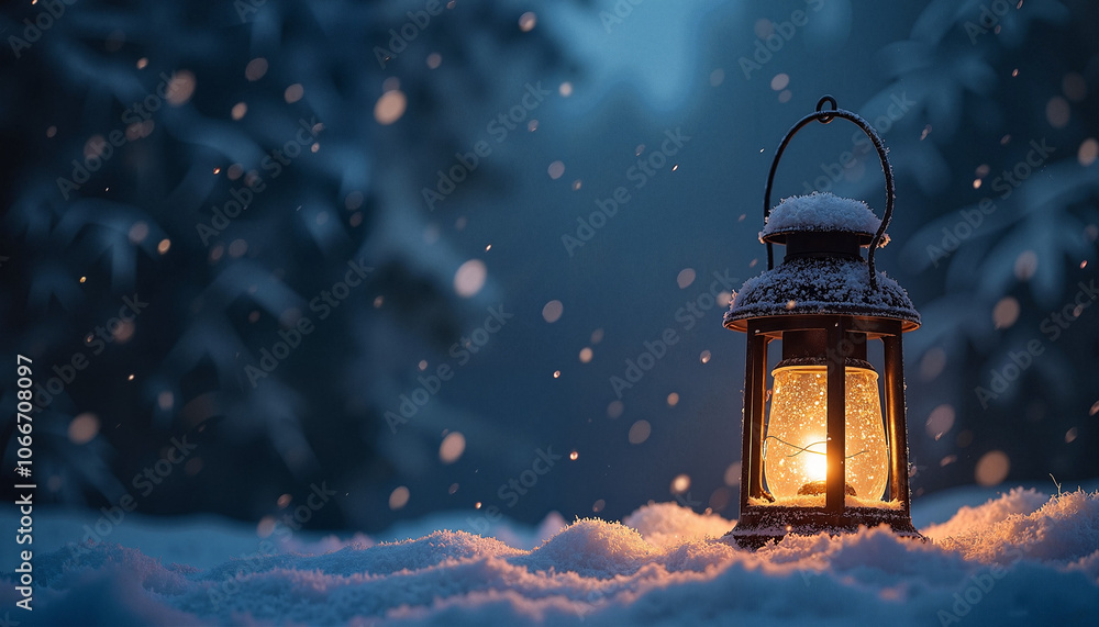 Antique lantern standing on snow Antique lantern standing on snow