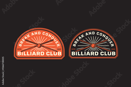 billiard pool cue crossed with cue ball retro badge logo design for billiard sport club. snooker stick crossed with white cue ball vintage emblem logo collection for billiard snooker pool tournament