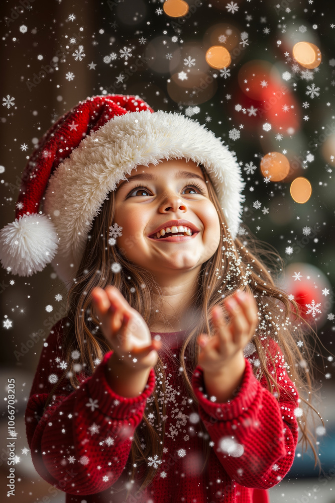 A little girl in a red sweater and a white hat blowing snowflakes A little girl in a red sweater and a white hat blowing snowflakes