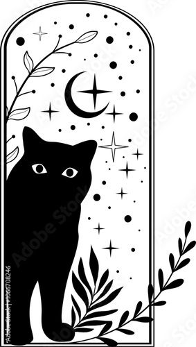 A mysterious black cat gazes out under a starry night sky framed by elegant leaves and celestial patterns