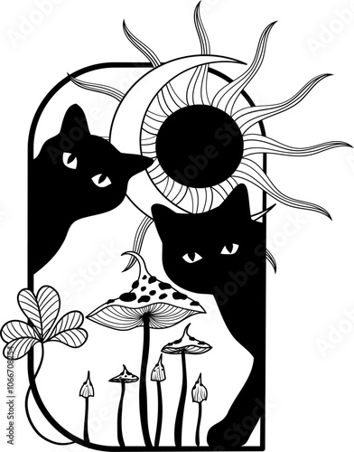Two black cats gazing curiously at colorful mushrooms beneath a stylized sun and crescent moon