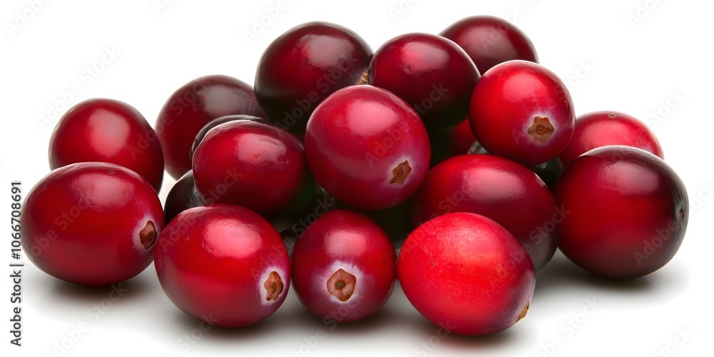 Group of fresh red cranberries isolated on white background. Cranberry sauce ingredient, Christmas dinner condiment. Group of fresh red cranberries isolated on white background. Cranberry sauce ingredient, Christmas dinner condiment.