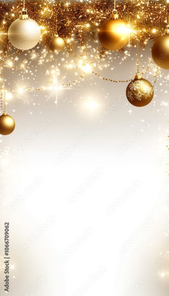 Elegant Christmas Background, Sparkling Golden Garland and Baubles on a Dreamy White Backdrop Elegant Christmas Background, Sparkling Golden Garland and Baubles on a Dreamy White Backdrop