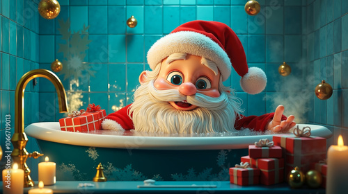 A santa claus in a bathtub with presents and candles