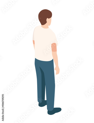 Isometric man standing with his back partially turned, suggesting movement or introspection. Suitable for business, waiting, or contemplation themes. Vector illustration