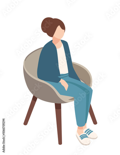 Isometric woman seated in a modern chair with a casual posture, a relaxed or conversational setting. Ideal for representing informal discussions or comfortable workspace visuals. Vector illustration