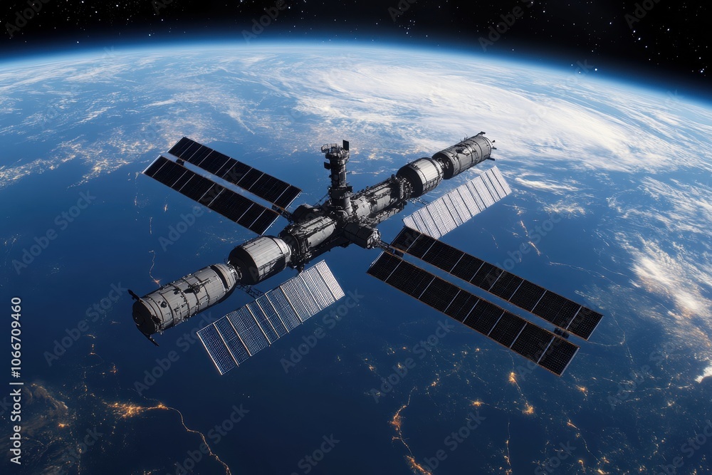 Space Station: A massive space station orbiting a distant planet, with sleek solar panels and docking bays Space Station: A massive space station orbiting a distant planet, with sleek solar panels and docking bays