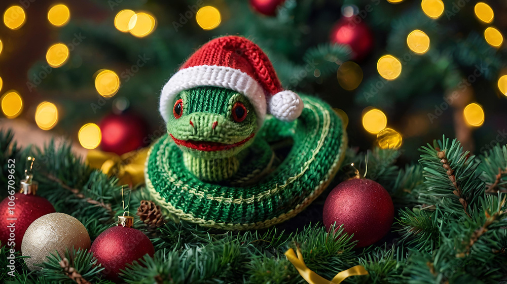 A Christmas card. The knitted symbol of the year 2025 is a green snake on the branches of a Christmas tree. Knitting, crafts, handmade jewelry. A Christmas card. The knitted symbol of the year 2025 is a green snake on the branches of a Christmas tree. Knitting, crafts, handmade jewelry.