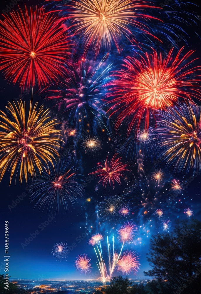 Fototapeta premium colorful fireworks display bursting vibrant night sky dynamic effects bundles creating enchanting atmosphere, artistry, background, blast, brightness