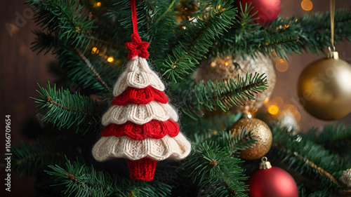 New Year card. Knitted Christmas multicolored Christmas tree on the branches of a fir tree. Knitting, crafts, handmade jewelry.