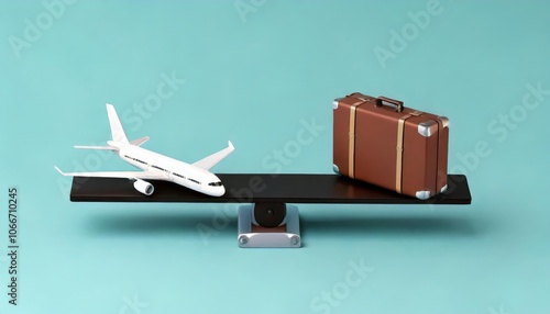 A miniature airplane and suitcase on a balance scale symbolize travel and baggage weight management.