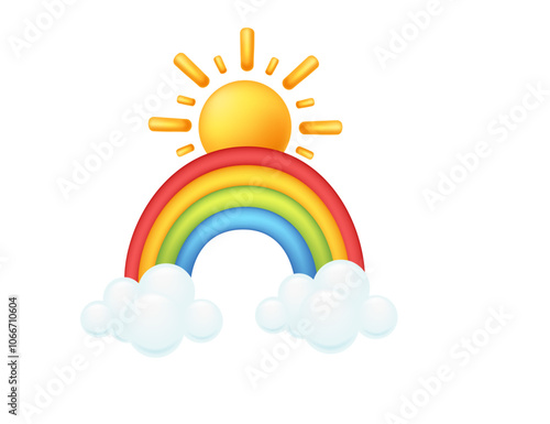 Rainbow arching over two clouds with a shining sun above, representing hope or bright future. Suitable for inspirational, weather, or children themes. Vector illustration