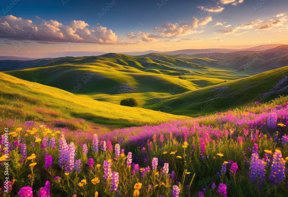 Fototapeta premium majestic rolling hills adorned vivid wildflower showcasing splendid tapestry color natural beauty, field, landscape, nature, vibrant, meadow, green