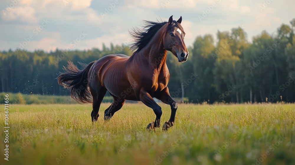 Obraz premium A Bay Horse Running Through a Field of Grass