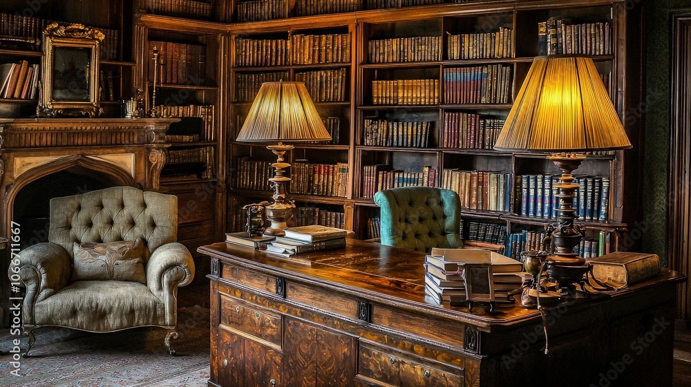 Fototapeta premium A cozy library with a fireplace, a large desk, two armchairs, and bookshelves full of books.