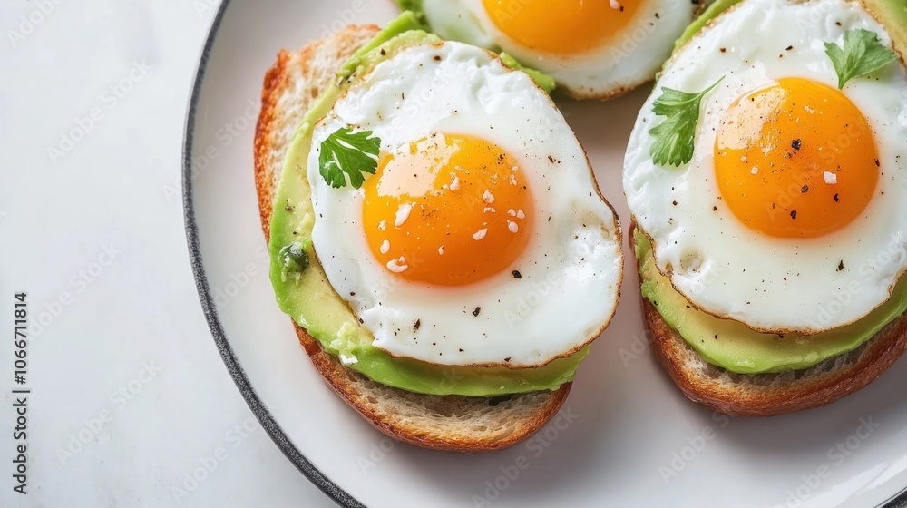 A vibrant breakfast is prepared with creamy avocado spread and sunny-side-up eggs on crispy toasted bread, perfect for a nutritious start A vibrant breakfast is prepared with creamy avocado spread and sunny-side-up eggs on crispy toasted bread, perfect for a nutritious start