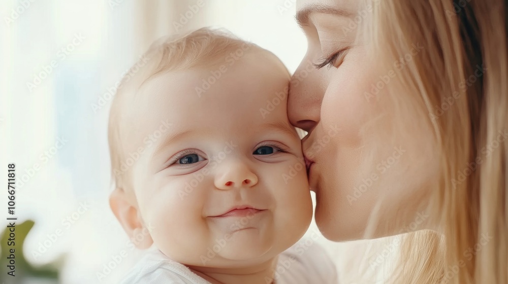 A loving mother kisses her delighted baby on the cheek, evoking pure joy in a bright and warm indoor setting A loving mother kisses her delighted baby on the cheek, evoking pure joy in a bright and warm indoor setting