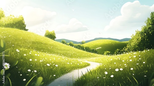 Winding Path Through a Green Meadow with White Flowers
