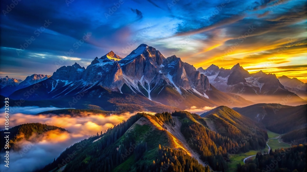 Naklejka premium Serene Mountain Outlines in Low Light Photography - Tranquil Landscapes, Night Skies, Peaceful Wilderness, Nature's Beauty, Mountain Silhouettes, Calm Reflection, Scenic Views, Minimalist Aesthetics