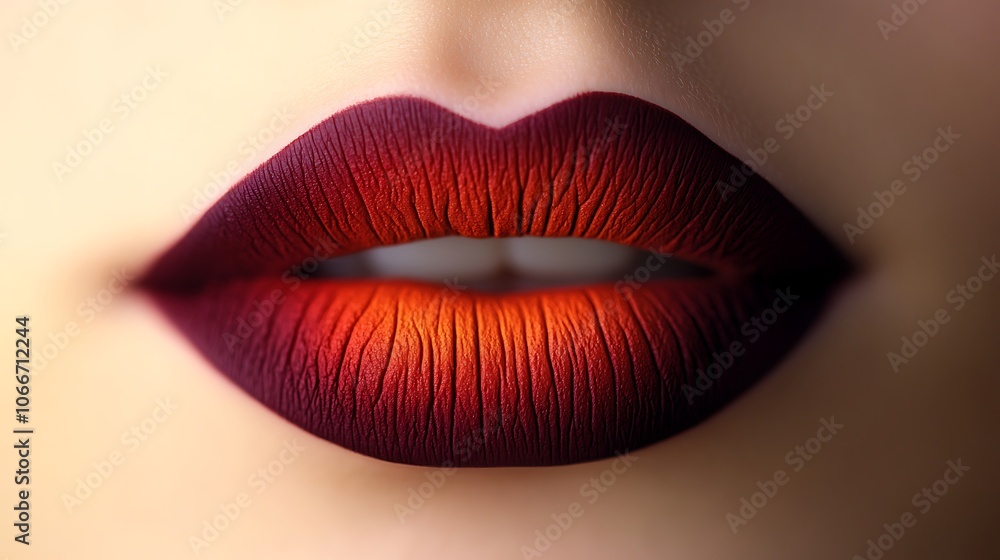 Artistic extreme close-up of lips featuring a matte ombre effect, transitioning from deep red to orange with velvety texture, soft, warm light to capture the subtle gradient and vibrant hue, Artistic extreme close-up of lips featuring a matte ombre effect, transitioning from deep red to orange with velvety texture, soft, warm light to capture the subtle gradient and vibrant hue,