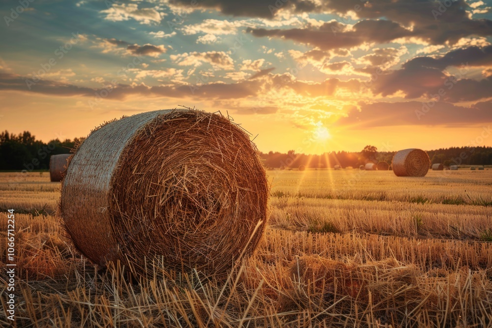 Hay in Field. Golden Sunlight Illuminating Agricultural Meadow with Clouds in the Background Hay in Field. Golden Sunlight Illuminating Agricultural Meadow with Clouds in the Background